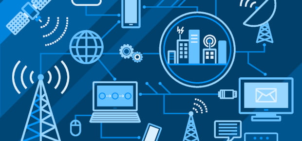 auf blauem Hintergrund ist schematisch eine Infrastruktur dargestellt aus Masten, Endgeräten, Clouds, Rechenzentren, Kabel etc.